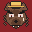 A brown wolf in a farmer's straw hat, on blood red.